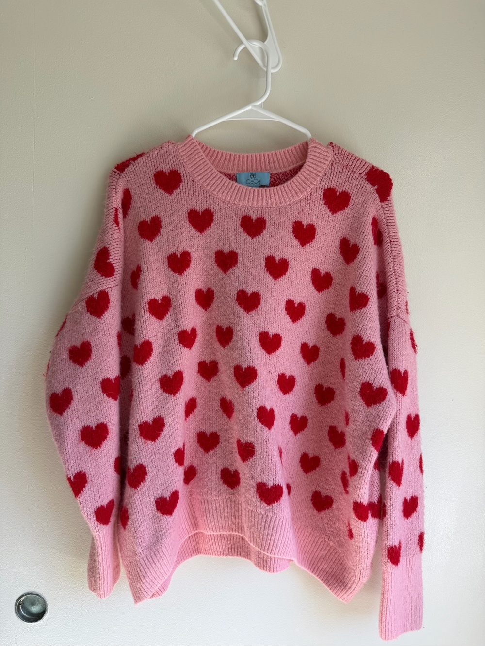 CeCe Pink Crewneck Sweater with Red Heart Pattern